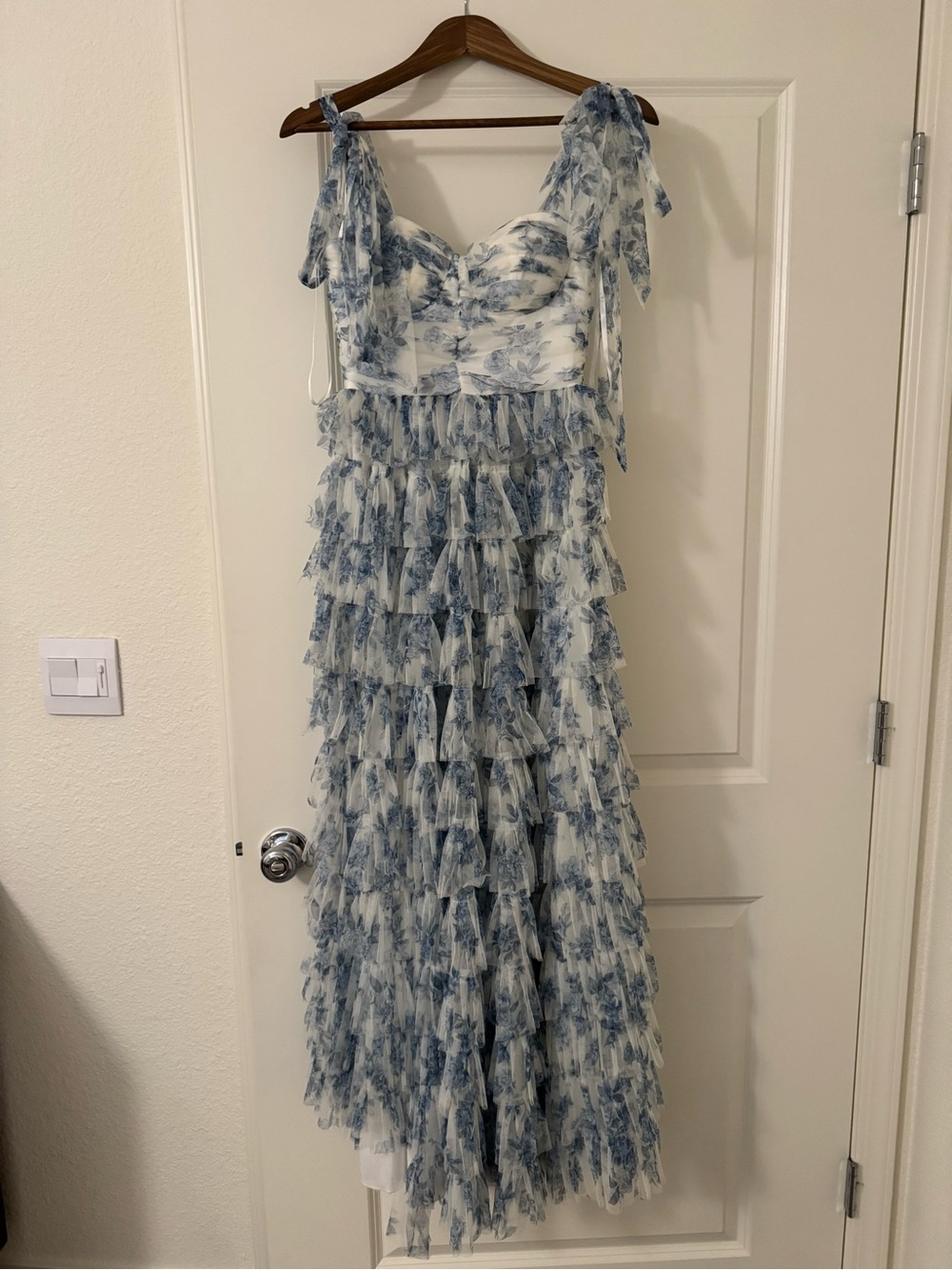 B. Smart Blue and White Floral Tiered Ruffle Maxi Dress
